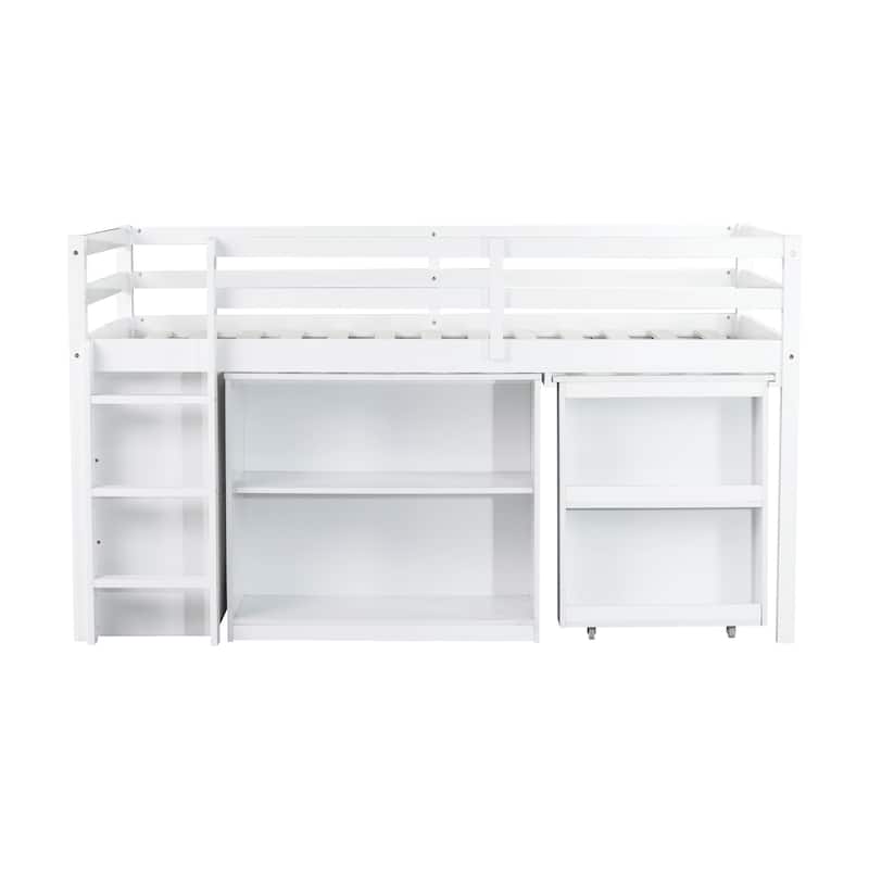 Twin Rubber Wood Loft Bed with Drawer Cabinet, Shelf,Pulling -Out Desk