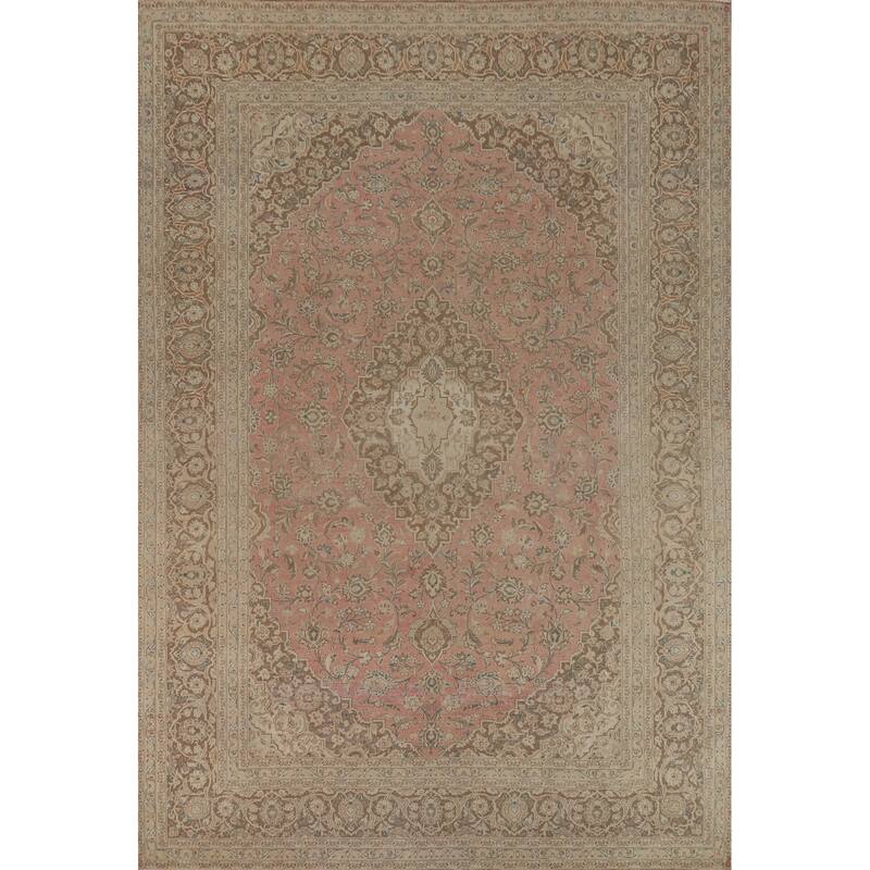 Traditional Pink Mashad Persian Vintage Area Rug Handmade Wool Carpet - 9'7" x 12'8"