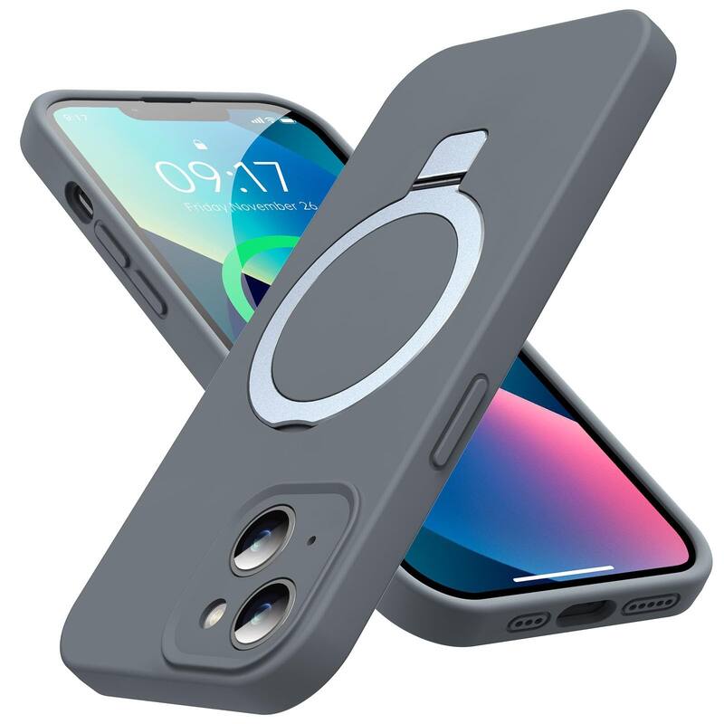 6.1 inch iPhone 13 Case, Liquid Silicone, Moisturizing Factor, Extreme Soft Slim Phone Case with Stand, Compatible with MagSafe - Grey