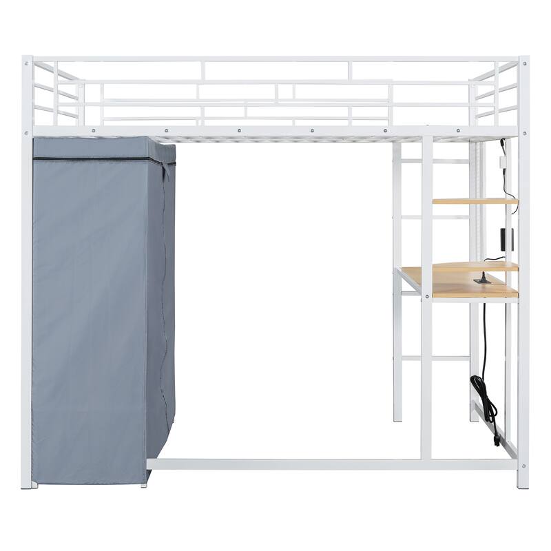 Modern Loft Bed with Desk & Wardrobe, Metal Loft Bed Frame with Shelves, USB Power Outlet, LED Light, for Kids Teens Adults