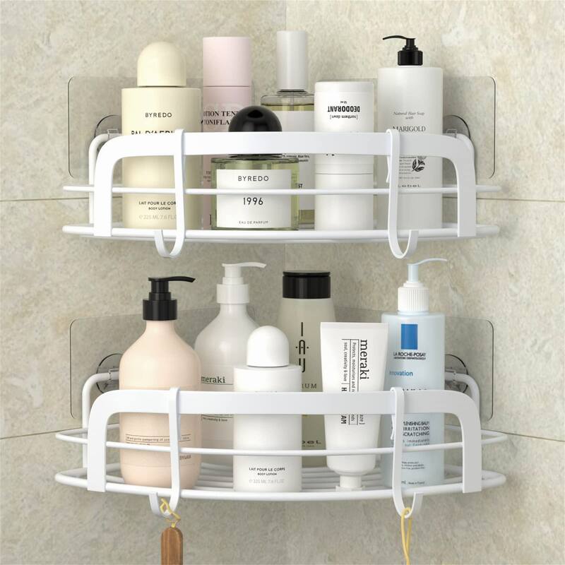 2 Pack Adhesive Wall Mounted Shower Caddy with 4 Movable Hooks