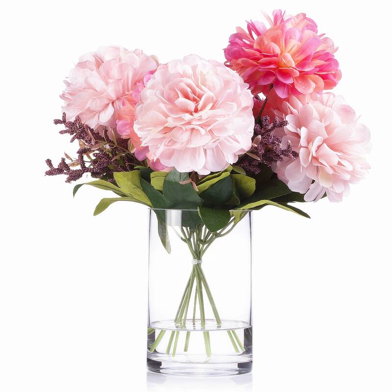 Enova Home 7 Heads Pink Mixed Artificial Silk Dahlia Fake Flowers Arrangement in Glass Vase with Faux Water for Home Decor - N/A