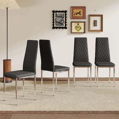 Modern 4 Piece PU Leather Kitchen Dining Chairs with Cushions, Metal Legs, Extended Backrest for Dining Room Kitchen Living Room