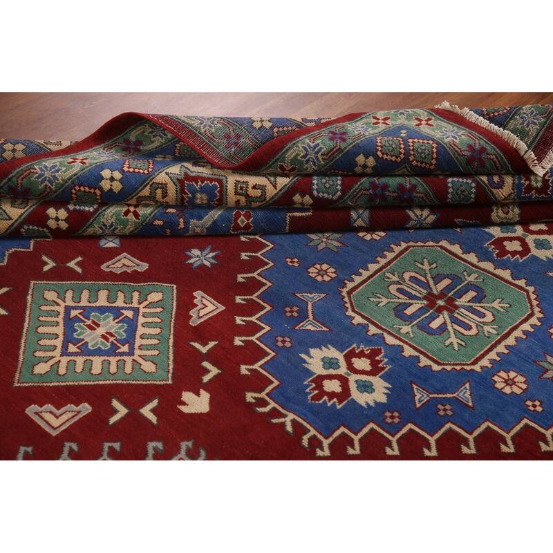 Large Red Geometric Kazak Oriental Area Rug Handmade Wool Carpet - 9'8" x 15'6"