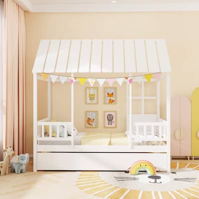 White Wooden Twin Platform House Bed Frame with Trundle and Guardrails for Kids Bedroom