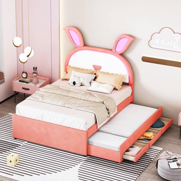 slide 2 of 26, Full Size Upholstered Platform Bed with Trundle, 3 Drawers, Rabbit-Shaped Headboard, and LED Lights, Pink Pink