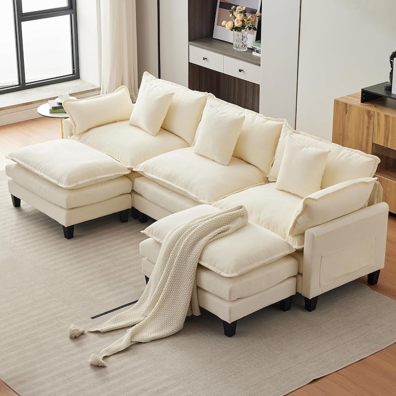 112.2" Sectional Cloud Couch, Modular Sectional Couches Sofa for Living Room with Movable Ottoman, 3-Seater Chenille - Beige U-shape