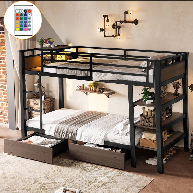 Full/Twin Metal Bunk Bed with Storage Shelves & USB Ports
