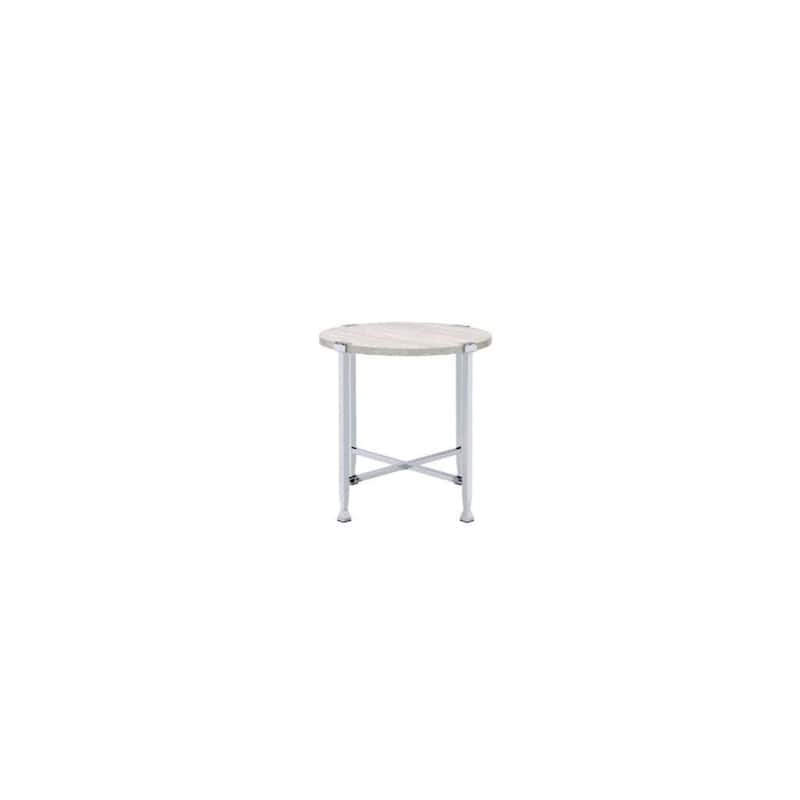 Modern 24 Inch Round End Table with White Oak Wood Top and Chrome Cross Legs Base for Living Room - 24"H x 24"W x 24"L