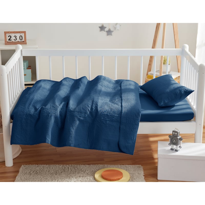 Clara Clark Grid Weave Toddler Bedding Set, 3PC Bedspread Set - All Season Quilted Comforter, Fitted Sheet, and Pillow Sham - Navy Blue