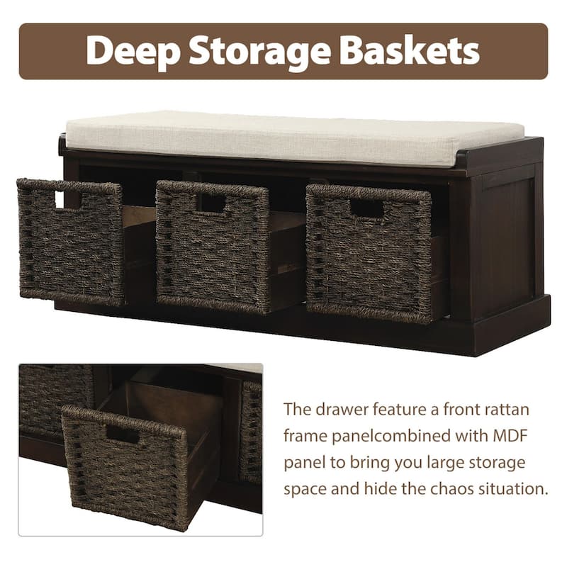 Rustic Storage Bench with 3 Removable Rattan Baskets and Cushion, Entryway Bench with MDF Frame, No Assembly Required