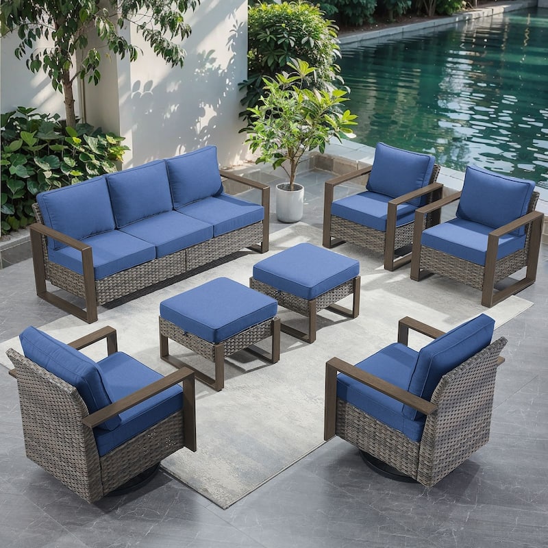 Pocassy 7 Pieces Outoor Patio Sofa Swivel Chair Ottoman Set - Blue cushion - Gray Wicker