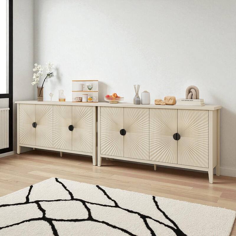 58" Carved Wood Grain Sideboard Storage Cabinet with Adjustable Shelf and Semi-Circular Handles for Dining or Coffee Bar Use