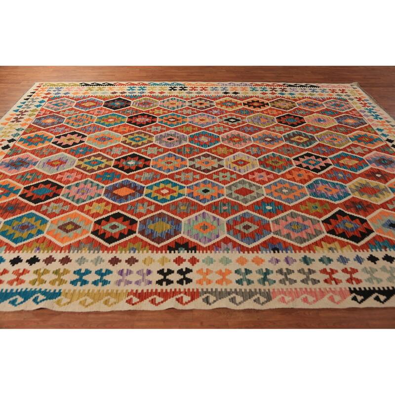 All-Over Geometric Kilim Oriental Area Rug Hand-Woven Wool Carpet - 8'8"x 11'3"