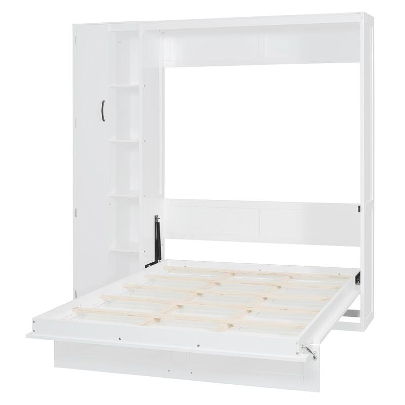 Space-Saving White Murphy Bed with Shelves, Wardrobe & LED Lights - Full Size