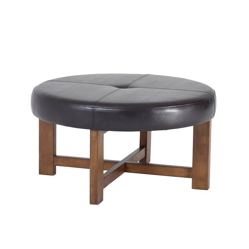 Christopher Knight Home - Marlowe Modern Round Faux Leather Ottoman Coffee Table with Tufted Top and Wood Base