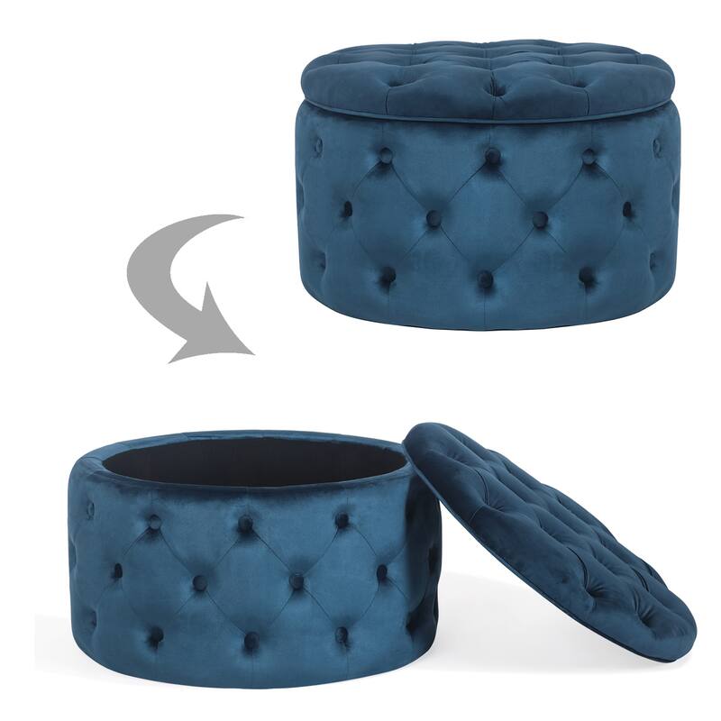 Adeco Round Velvet Button Tufted Storage Ottoman Footrest Footstool