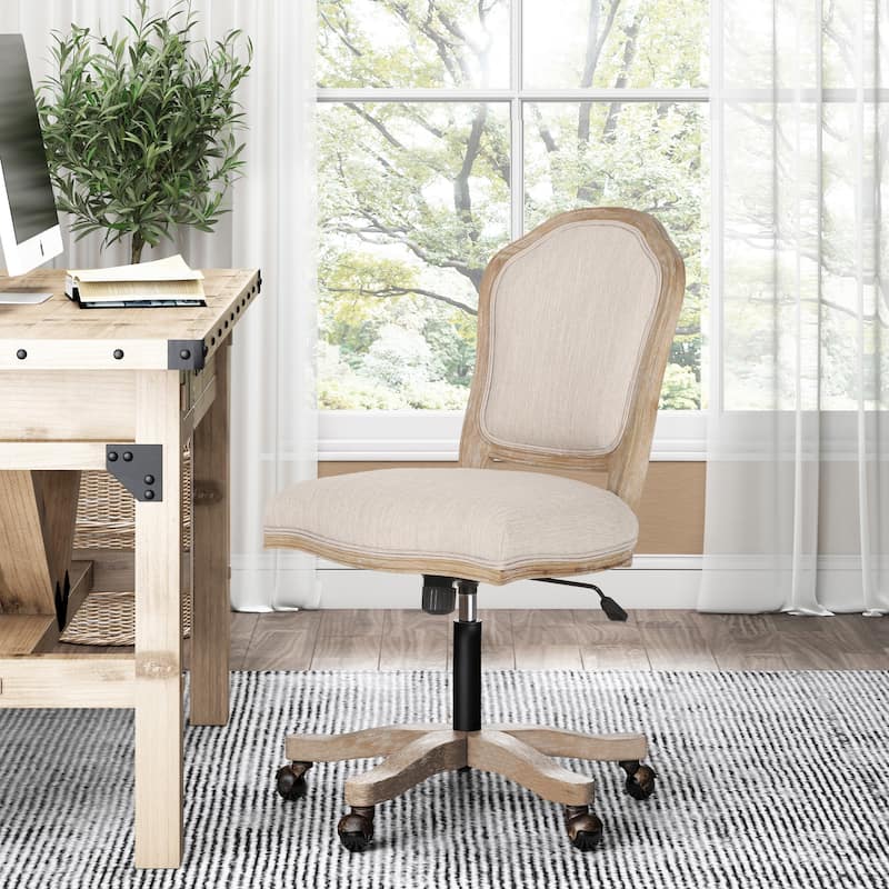 Roomfitters Upholstered Swivel Office Desk Chair with Adjustable Height and Wood Frame, Beige+Natural