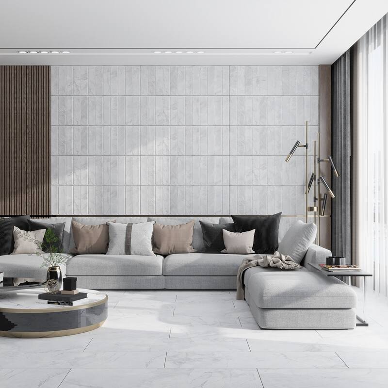 Apollo tile 16" x 48" Strata Matte Light Grey White Ceramic Tile (15.5 sq ft/case) - 3 Pack