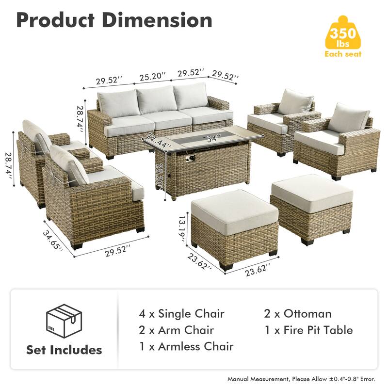 HOOOWOOO 10-piece Outdoor Wicker Wide Arm Patio Furniture Set with Fire Pit
