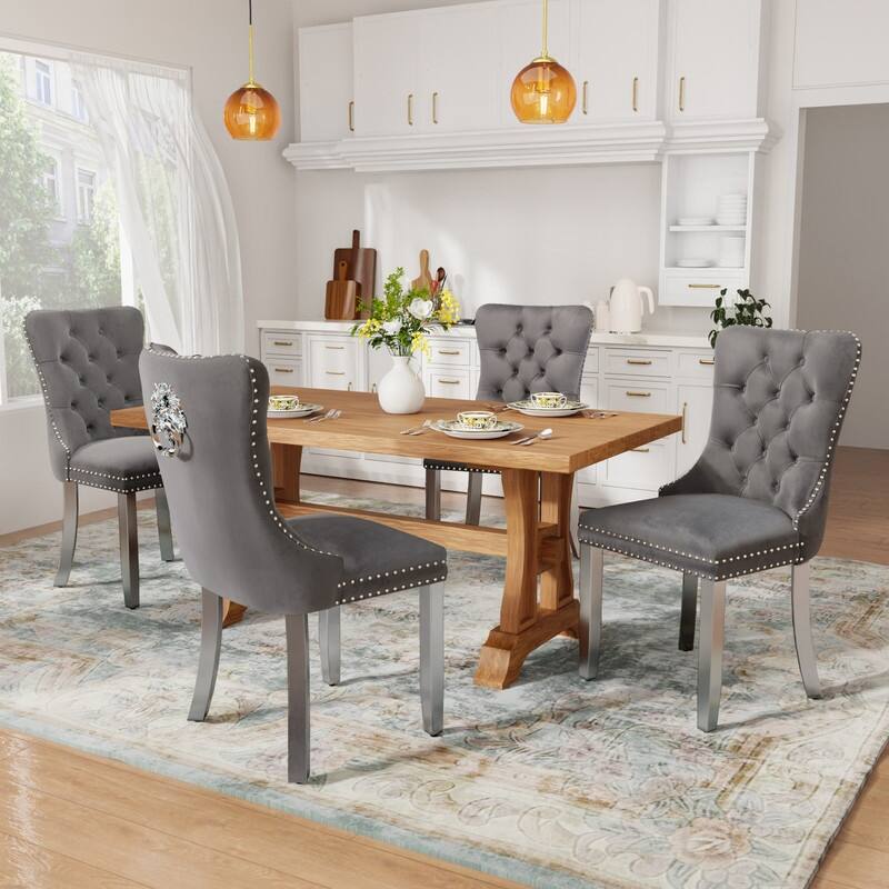 Contemporary Velvet Upholstered Dining Chair Set of 4 - Grey Silver