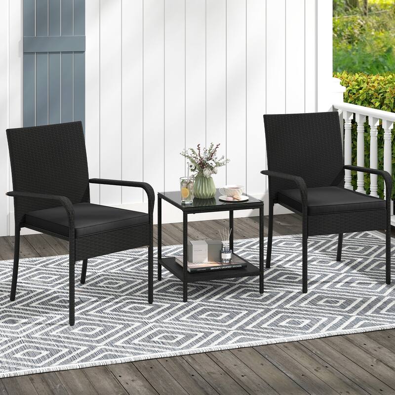 3 Piece Black PE Rattan Patio Set with Metal Frame, Cushions and Glass Table - Chair: 23" x 22.5" x 35"
