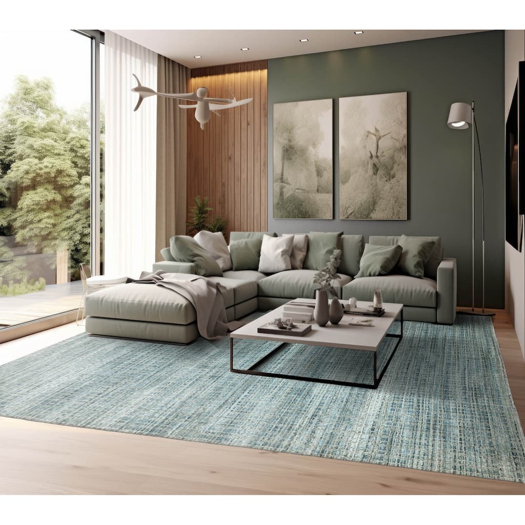 Hand Knotted Textured Aqua,Gray Tibetan Wool Modern Oriental Area Rug - 7' 11'' x 9' 11''