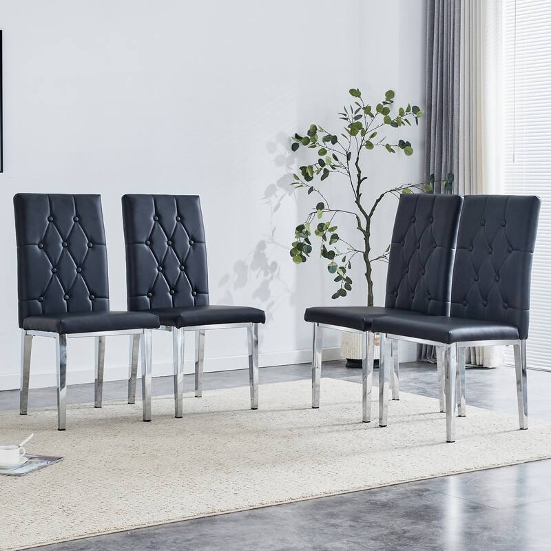 High Back Dining Chair Set of 4 Button Plaid Tufted Soft Cushion Side Chair Living Room Accent Chair Armless Chair - Light Gray