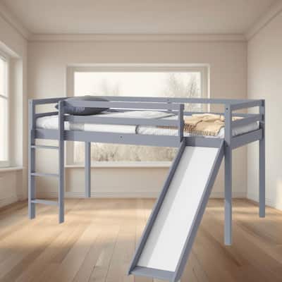 Twin Low Loft Bed Frame with Smooth Slide, Ladder, Safety Guardrails, Durable Rubber Wood Loft Bed with Underbed Storage