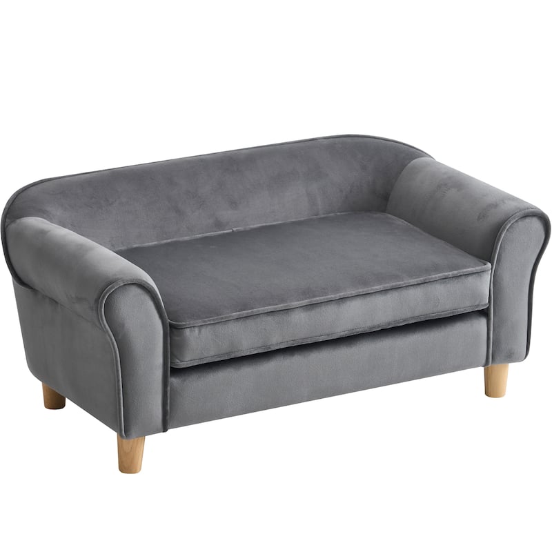 20.67" x 12" x 2.76" Pet Sofa Bed, Grey Velvet Cat Bed and Small Dog Couch with Rubberwood Legs