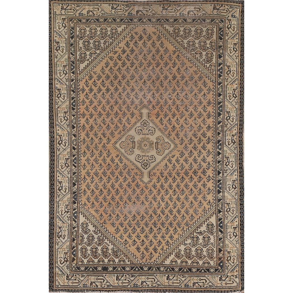 Geometric Botemir Persian Vintage Area Rug Hand-Knotted Wool Carpet - 4'3"x 6'7"
