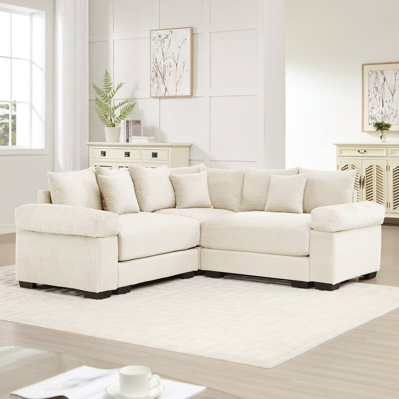 3-Seat Convertible Cloud Corduroy Modular Sofa with 10 Throw Pillows