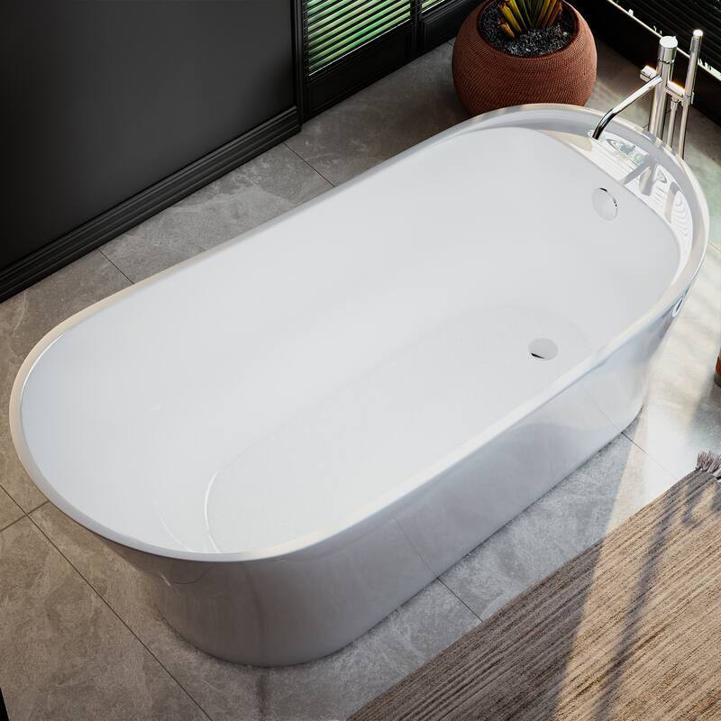 Empava 67 in. x 29.5 in. Freestanding Flat Bottom Bath Tub Soaking Bathtub with Left Drain in White