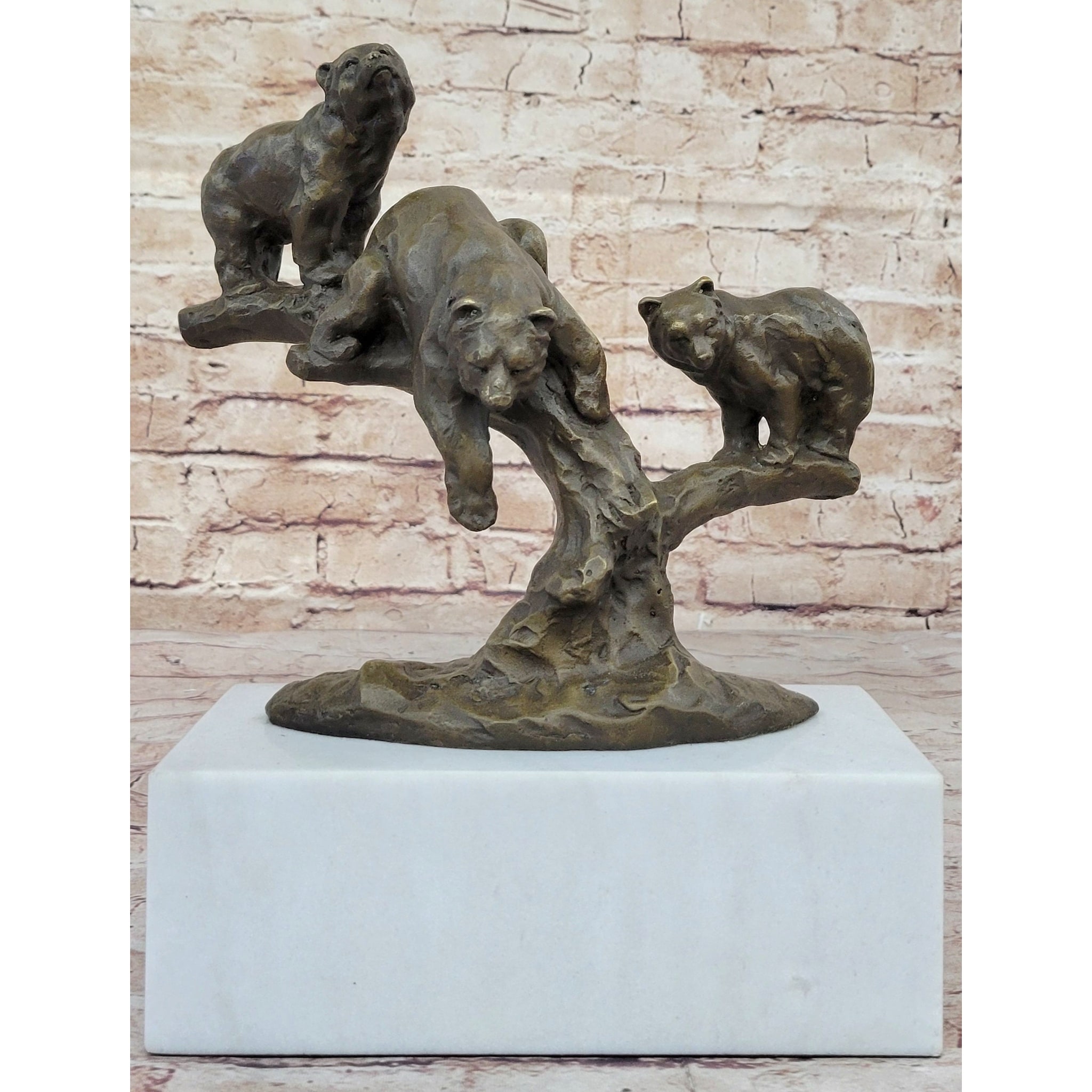 Green Patina Bear Family On A Tree Stump Bronze Sculpture Statue Figurine