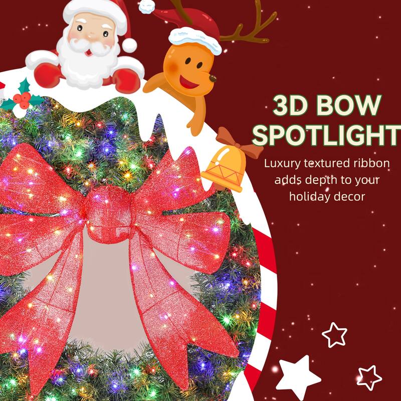 HOMCOM 36in Pre-Lit Xmas Wreath: 140 LED, 11 Modes, Remote, 3D Bow, Indoor/Outdoor