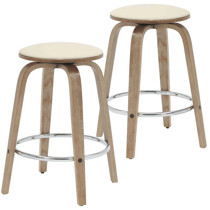 Pelya Leather Swivel Round Counter Stool with Wood Legs and Chrome Footrest for Kitchen Island or Dining Area Set of 2 - Washed Walnut/Taupe