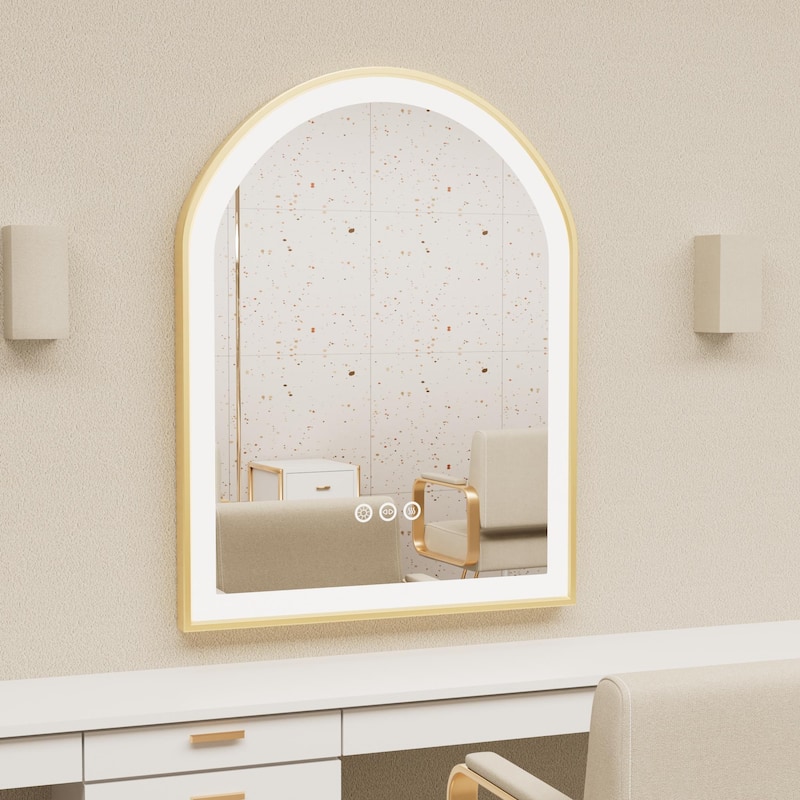 Gold Bathroom Arch LED Vanity Mirror Anti Fog Dimmable Memory 3 Colors - 36"x24"x1.6"