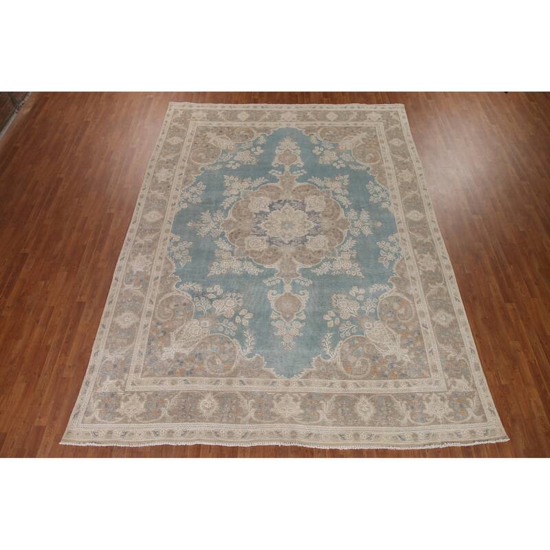 Hand Knotted Oriental 100% Wool Carpet Traditional Floral Navy Blue & Blues Tabriz Area Rug - 13' 0'' X 9' 8''