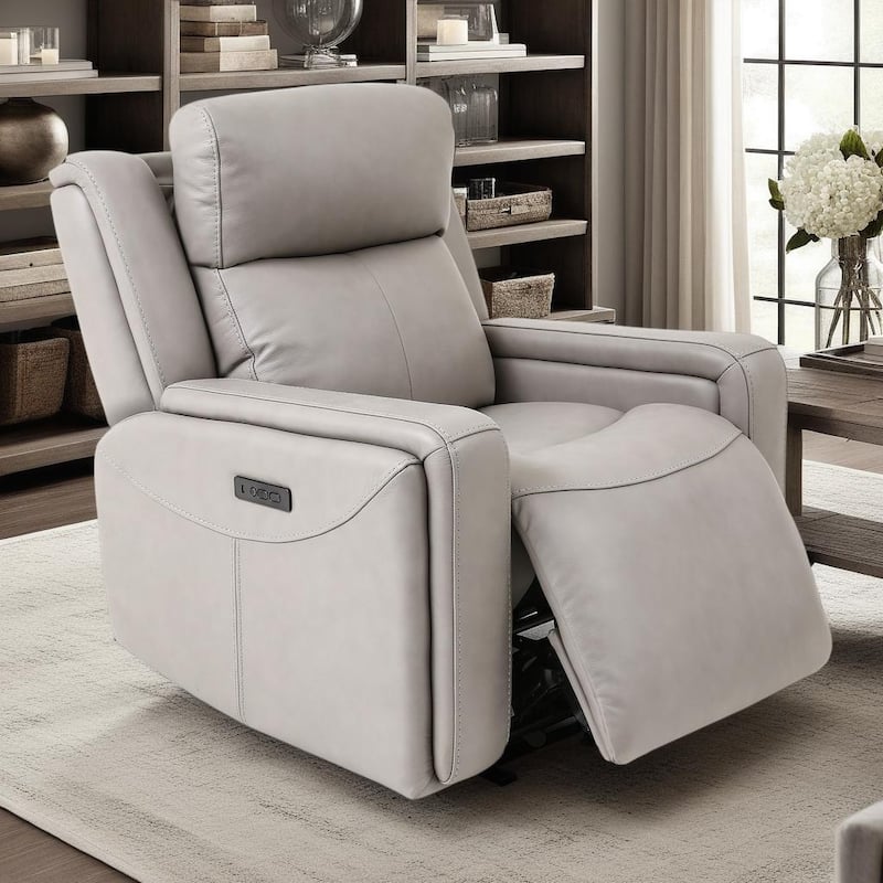 Armen Living Claude Light Grey Leather Power Recliner with USB