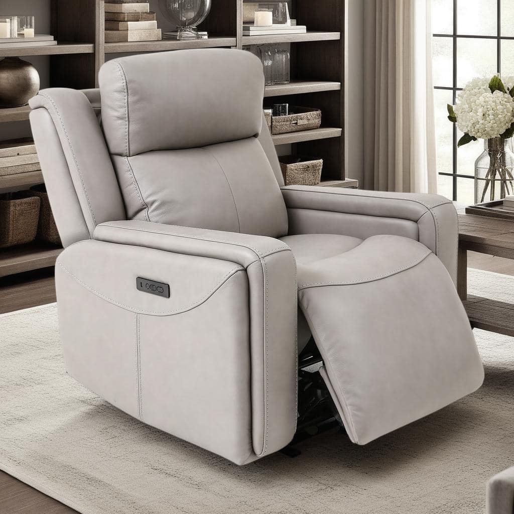 Armen Living Claude Light Grey Leather Power Recliner with USB