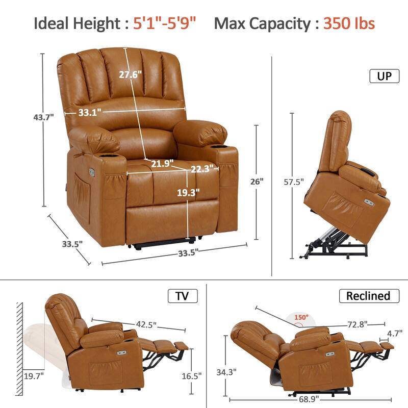 MCombo Power Lift Recliner Chair, Massage and Heat for Elderly, Extended Footrest,Cup Holders, USB Ports 7095