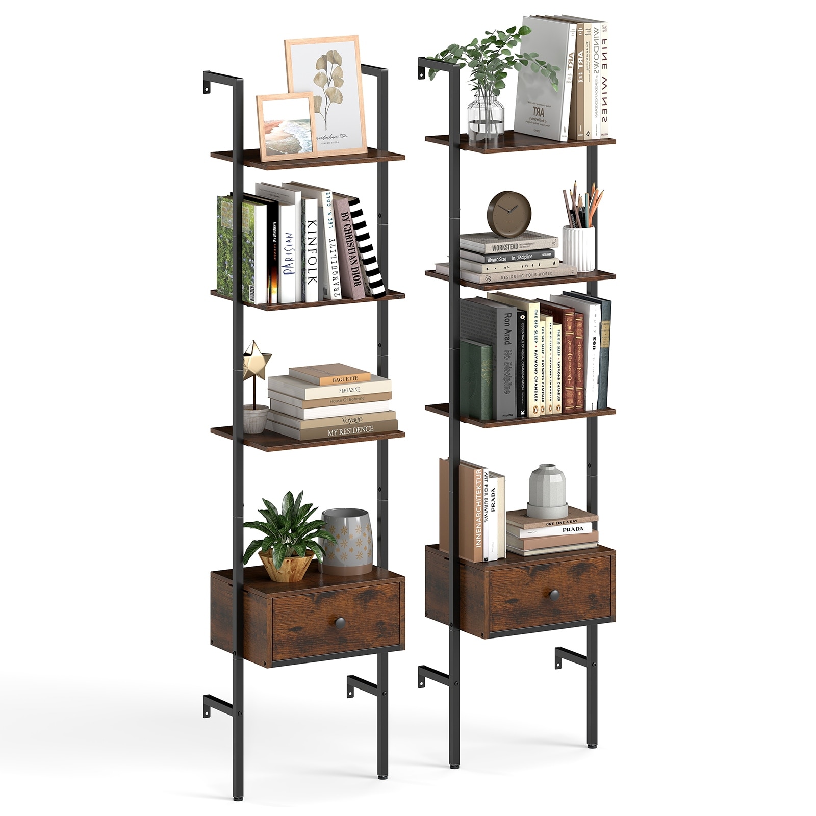 Gymax 2 PCS 5-Tier Bookshelf w/ Drawer 70'' Wall Mount Ladder Bookcase