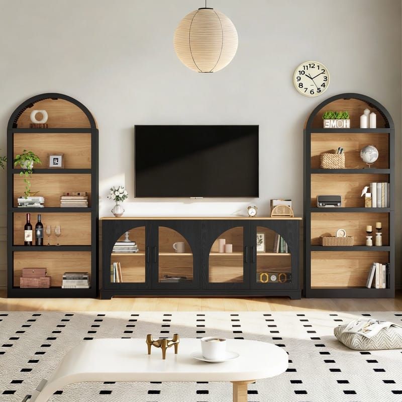 Farmhouse 3-Piece TV Stand Set for TVs Up to 70", Entertainment Center with Arched Sideboard and Glass Doors for Living Room - Black