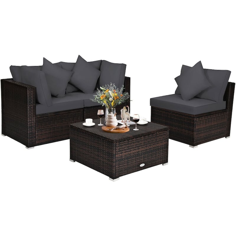 4 Pieces Patio Rattan Furniture Set with Removable Cushions and Pillows - Corner Sofa: 29" x 29" x 25"