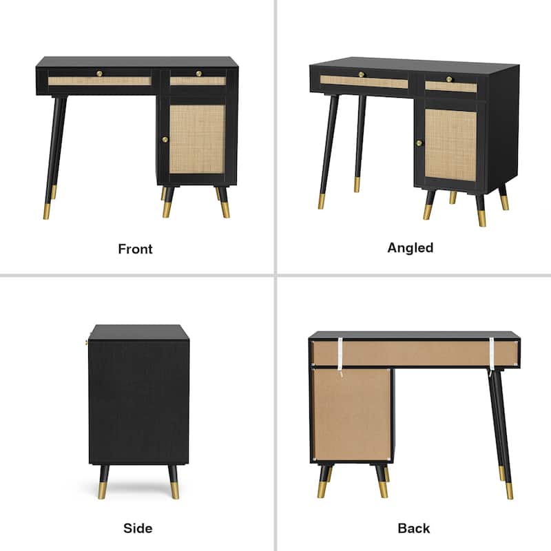 Modern Computer Desk with Drawers Wood Rattan Home Office Desk Writing Desk with File Cabinet