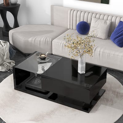 Contemporary 2-Tier Coffee Table with Tempered Glass & Wooden Base, High-Gloss UV Surface, 39.3" for Living Room