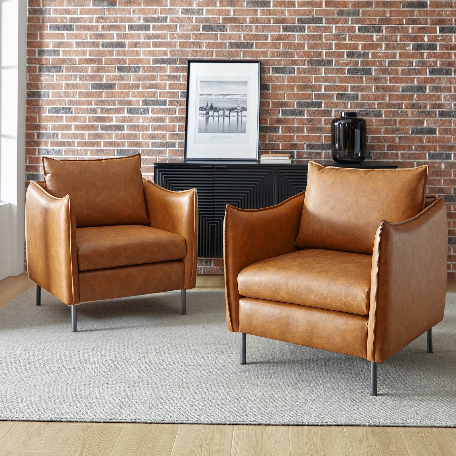 HULALA HOME Jaime Modern Vegan Leather Accent chair with Metal Legs and Removable Back Cushion Set of 2