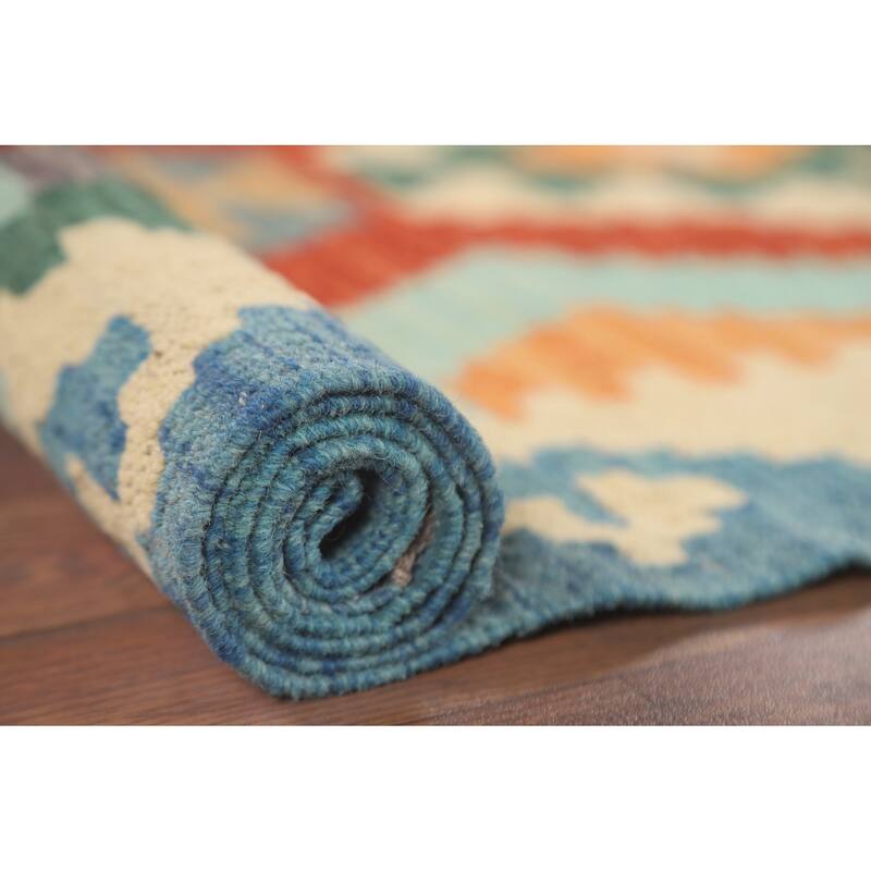 Hand Woven Oriental 100% Wool Carpet Southwestern Geometric Multi-Colored Kilim Runner Rug - 9' 7'' X 2' 8''