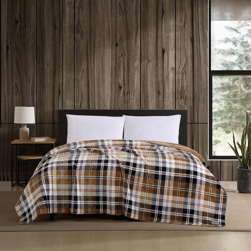 Eddie Bauer Trailhead Plaid Ultra Soft Plush Reversible Beige Blanket