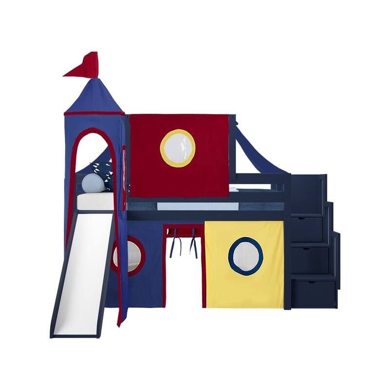 JACKPOT Prince & Princess Low Loft Twin Bed, Stairs Slide Tent & Tower